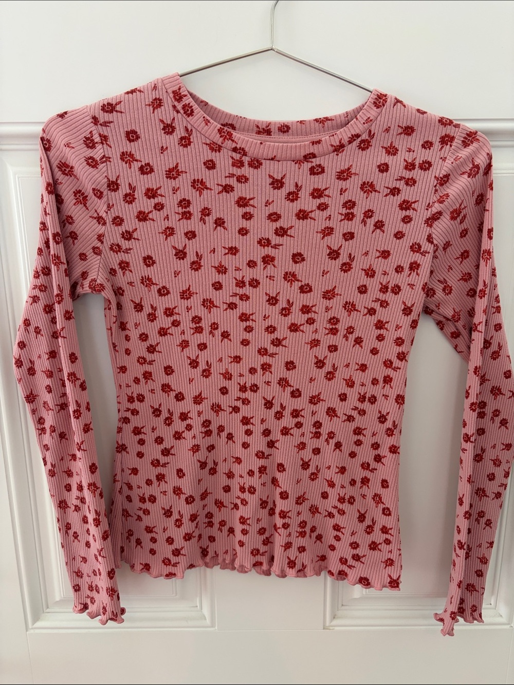 Girls' Pink Floral Ribbed Long-Sleeve Top